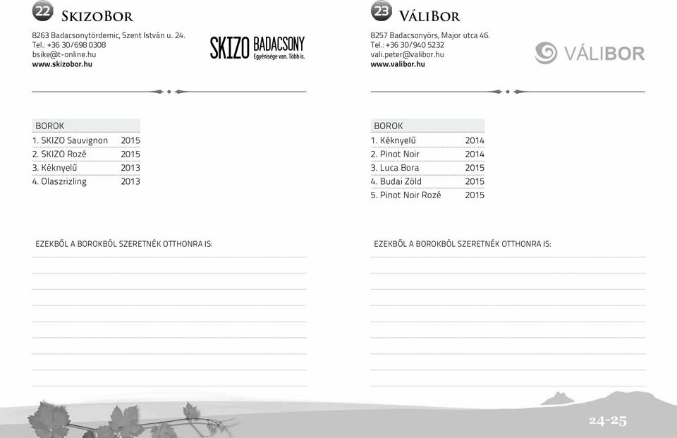 SKIZO Sauvignon 2015 2. SKIZO Rozé 2015 3. Kéknyelű 2013 4. Olaszrizling 2013 1. Kéknyelű 2014 2. Pinot Noir 2014 3.