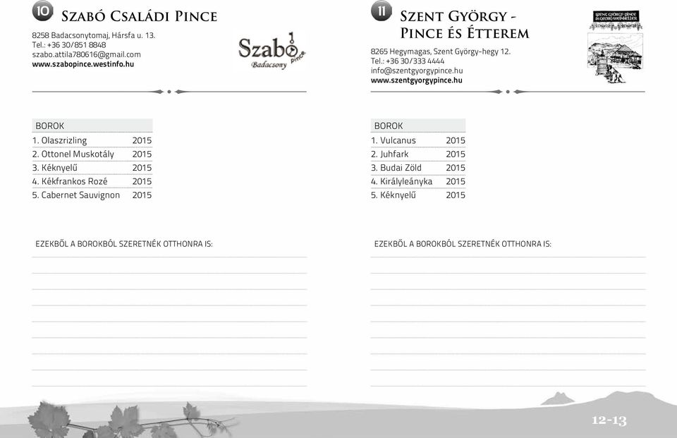 szentgyorgypince.hu 1. Olaszrizling 2015 2. Ottonel Muskotály 2015 3. Kéknyelű 2015 4. Kékfrankos Rozé 2015 5. Cabernet Sauvignon 2015 1.