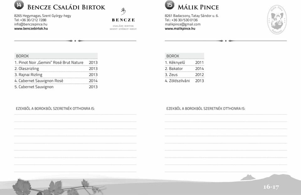 Pinot Noir Gemini Rosé Brut Nature 2013 2. Olaszrizling 2013 3. Rajnai Rizling 2013 4. Cabernet Sauvignon Rosé 2014 5.