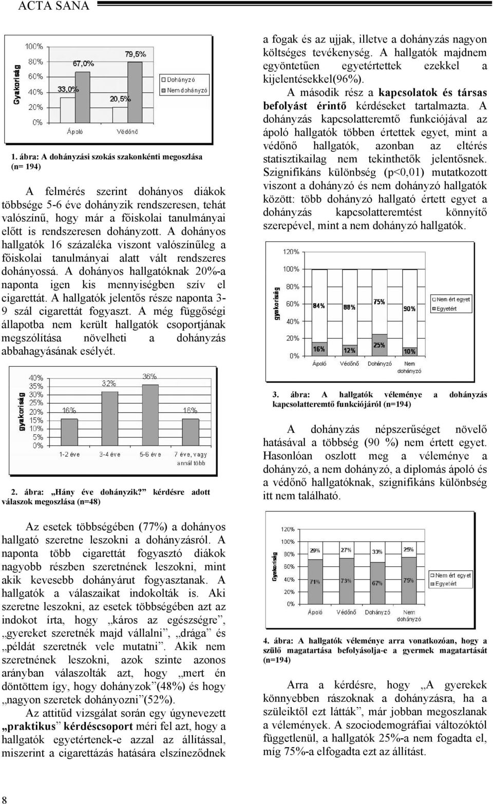 A dohányos hallgatóknak 20%-a naponta igen kis mennyiségben szív el cigarettát. A hallgatók jelentős része naponta 3-9 szál cigarettát fogyaszt.