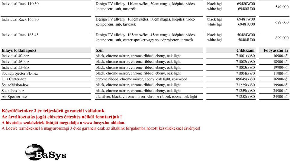 45 Design TV állvány: 165cm széles, 45cm magas, kiépítés: video komponens, sub, center speaker vagy soundprojector, tartozék 50484W00 50484U00 Inlays (oldallapok) Szín Cikkszám Fogyasztói ár