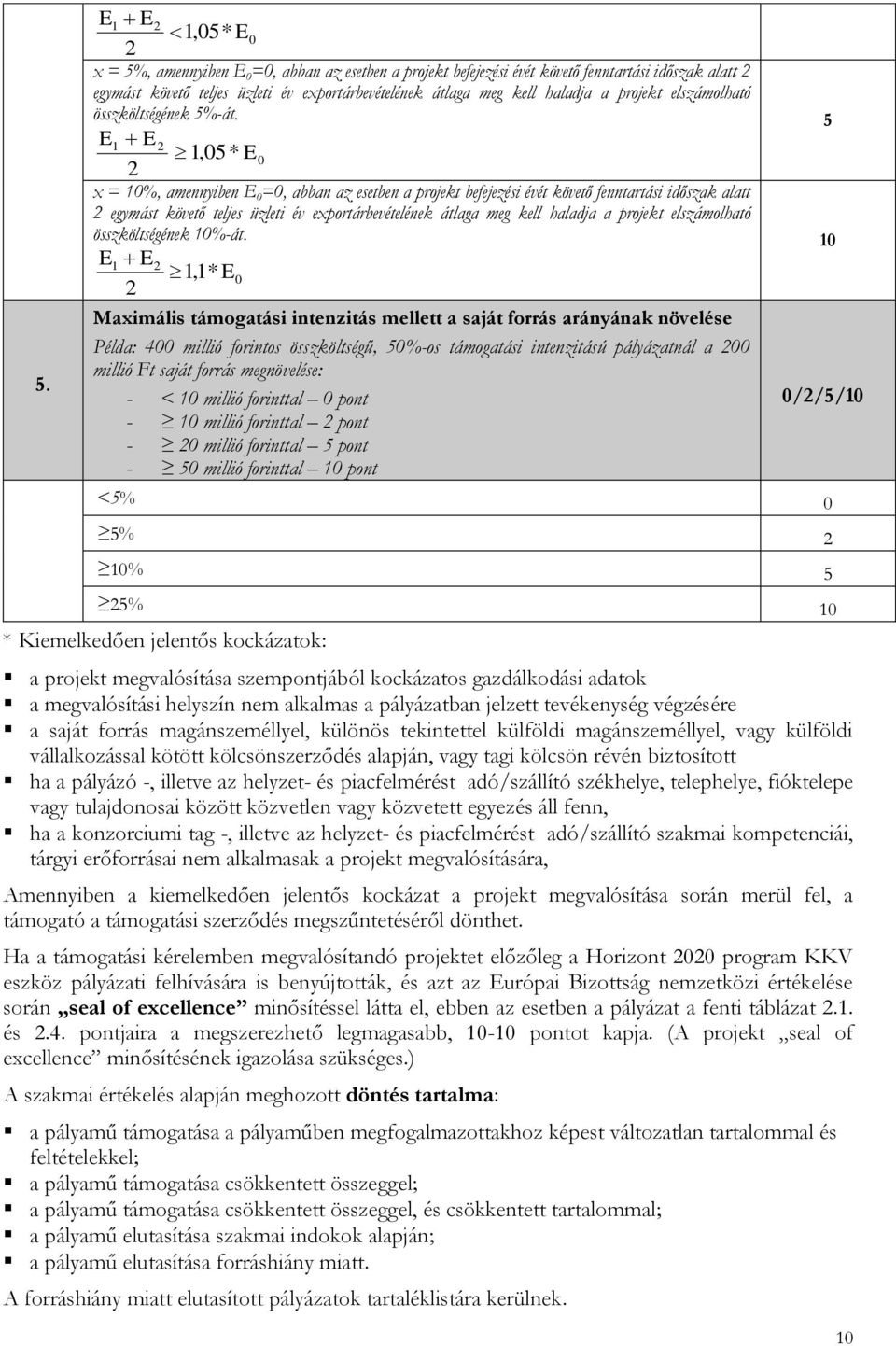 E1 E2 1,05* E0 2 x = 10%, amennyiben E 0 =0, abban az esetben a projekt befejezési évét követő fenntartási időszak alatt 2 egymást követő teljes üzleti év exportárbevételének átlaga meg kell haladja