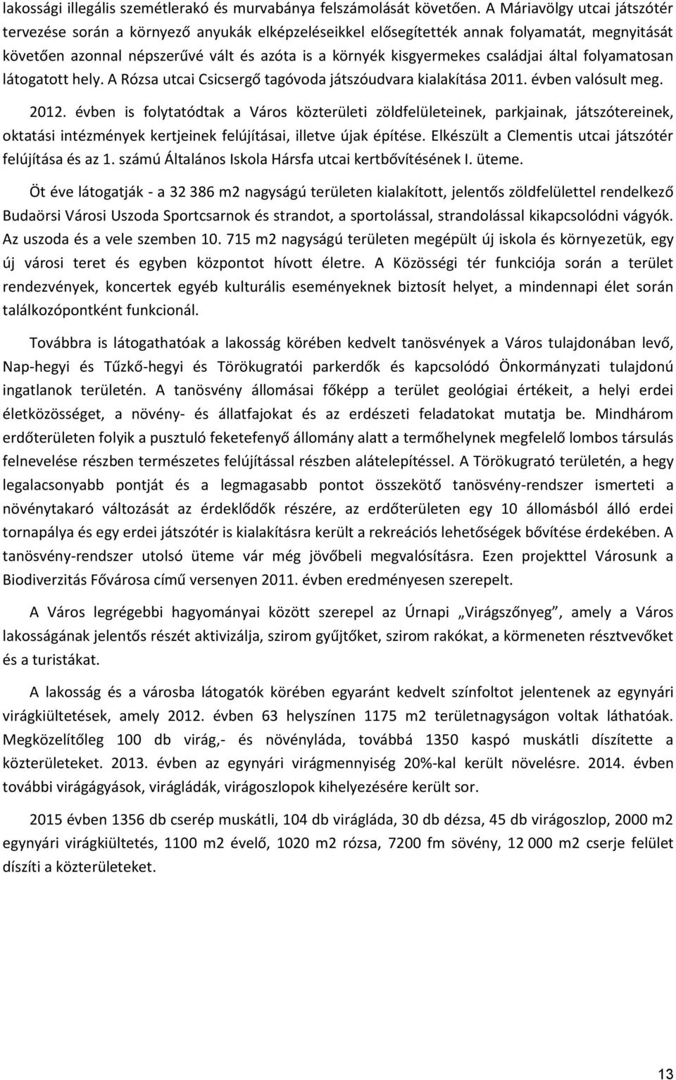 családjai által folyamatosan látogatott hely. A Rózsa utcai Csicsergő tagóvoda játszóudvara kialakítása 2011. évben valósult meg. 2012.