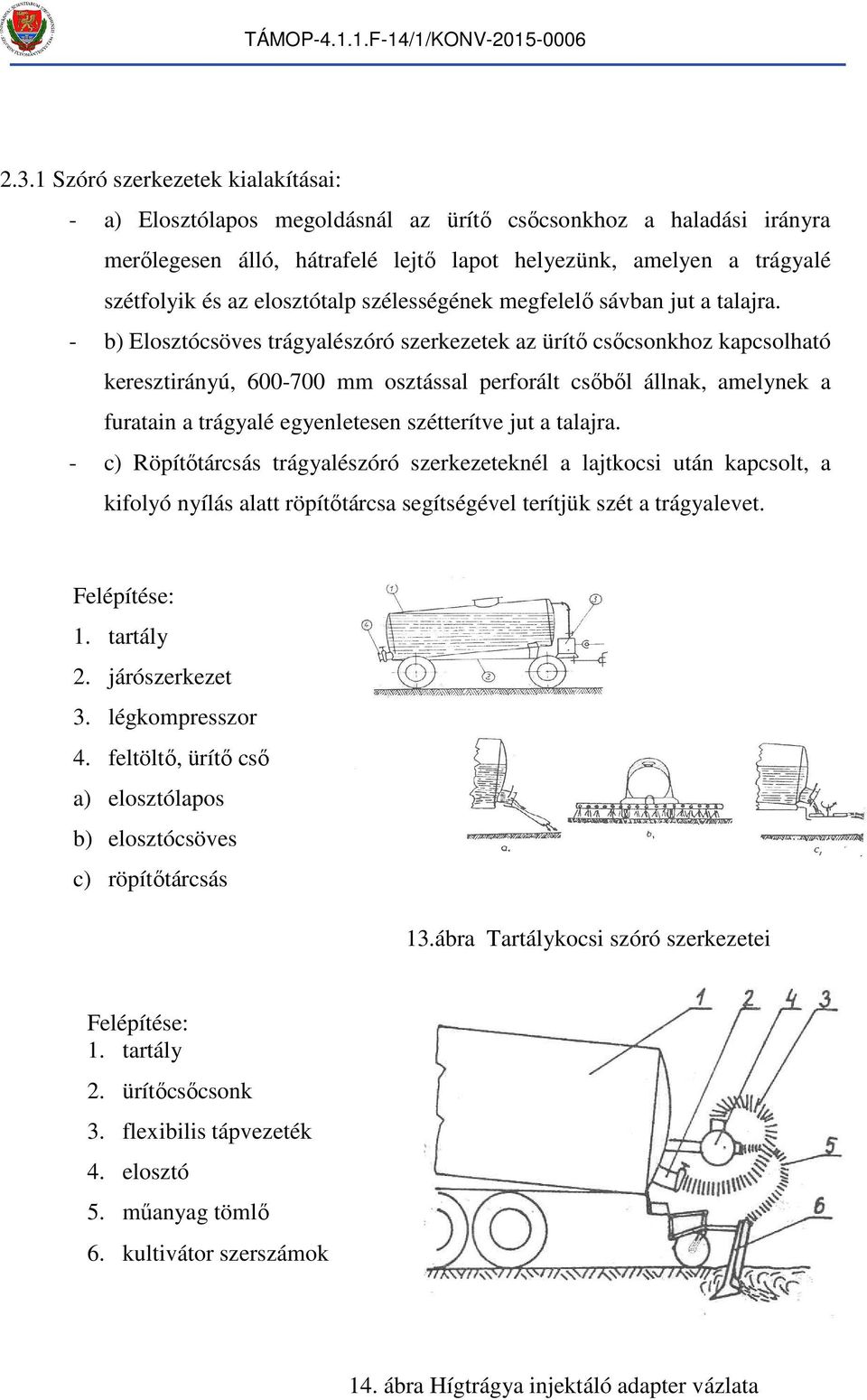 - b) Elosztócsöves trágyalészóró szerkezetek az ürítő csőcsonkoz kapcsolató keresztirányú, 600-700 osztással perforált csőből állnak, aelynek a furatain a trágyalé egyenletesen szétterítve jut a