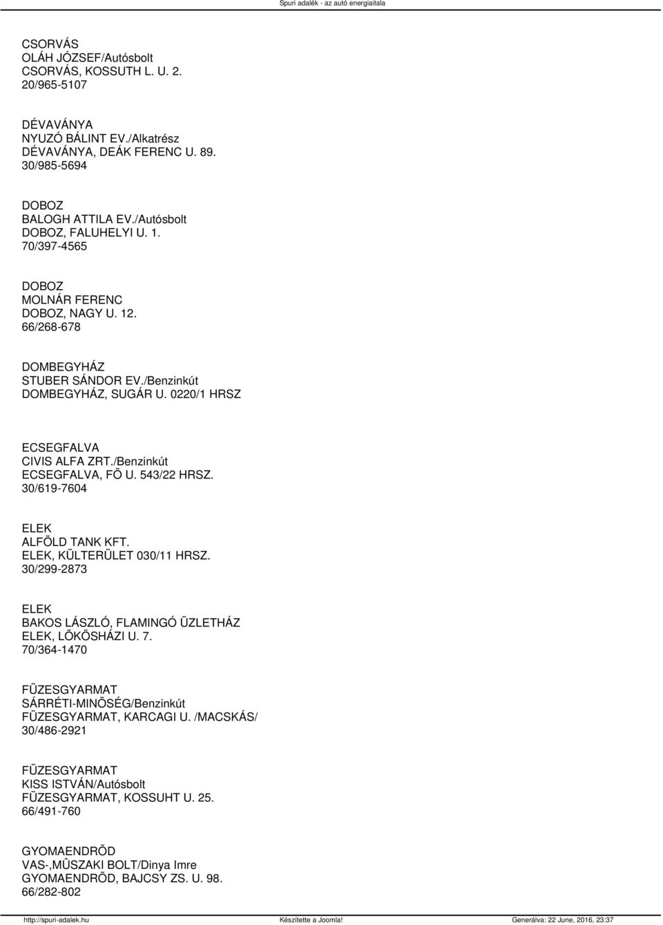 /Benzinkút ECSEGFALVA, FÕ U. 543/22 HRSZ. 30/619-7604 ELEK ALFÖLD TANK KFT. ELEK, KÜLTERÜLET 030/11 HRSZ. 30/299-2873 ELEK BAKOS LÁSZLÓ, FLAMINGÓ ÜZLETHÁZ ELEK, LÖKÖSHÁZI U. 7.