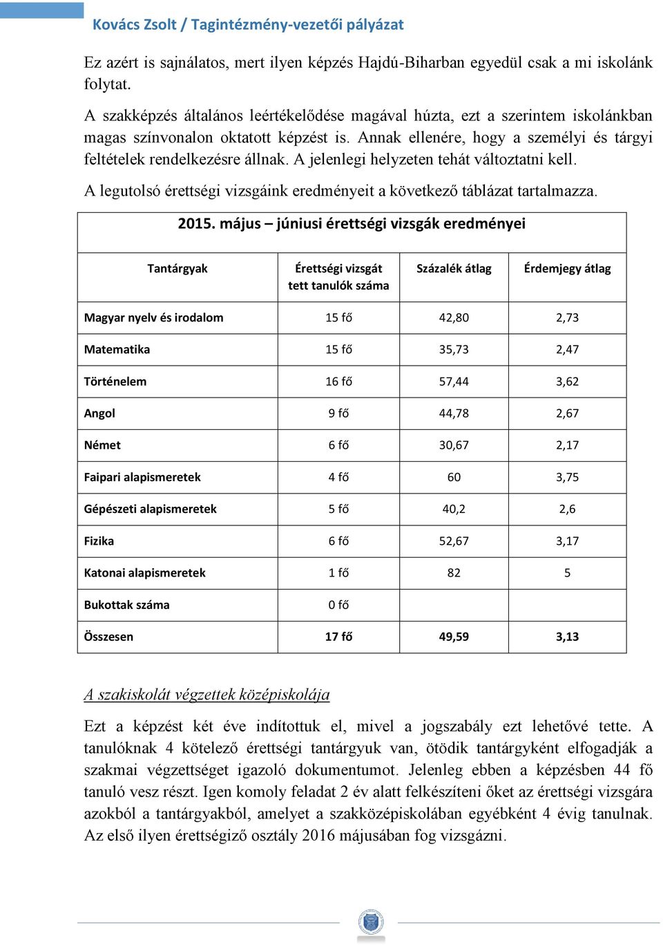 A jelenlegi helyzeten tehát változtatni kell. A legutolsó érettségi vizsgáink eredményeit a következő táblázat tartalmazza. 2015.