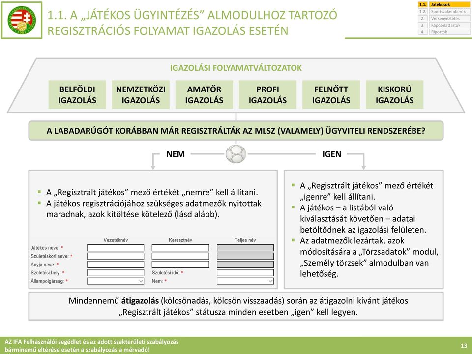 ÜGYVITELI RENDSZERÉBE? NEM IGEN A Regisztrált játékos mező értékét nemre kell állítani. A játékos regisztrációjához szükséges adatmezők nyitottak maradnak, azok kitöltése kötelező (lásd alább).