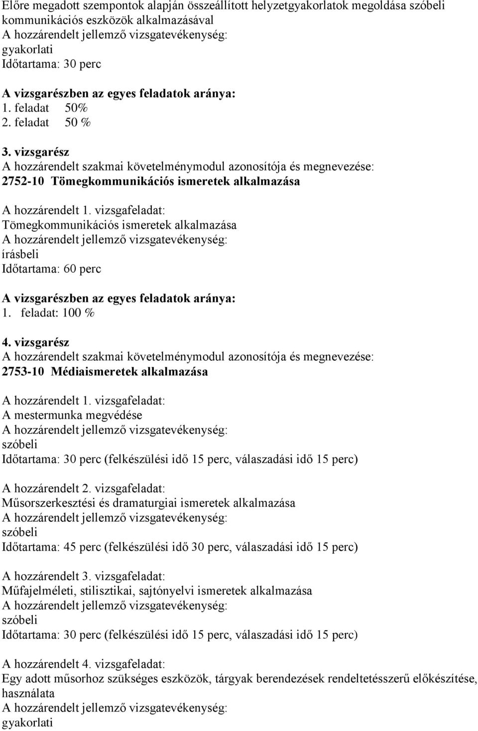 vizsgafeladat: Tömegkommunikációs ismeretek alkalmazása írásbeli Időtartama: 60 perc A vizsgarészben az egyes feladatok aránya: 1. feladat: 100 % 4.