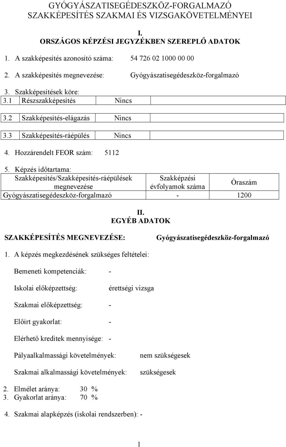 Hozzárendelt FEOR szám: 5112 5. Képzés időtartama: Szakképesítés/Szakképesítés-ráépülések Szakképzési Óraszám megnevezése évfolyamok száma Gyógyászatisegédeszköz-forgalmazó - 1200 II.