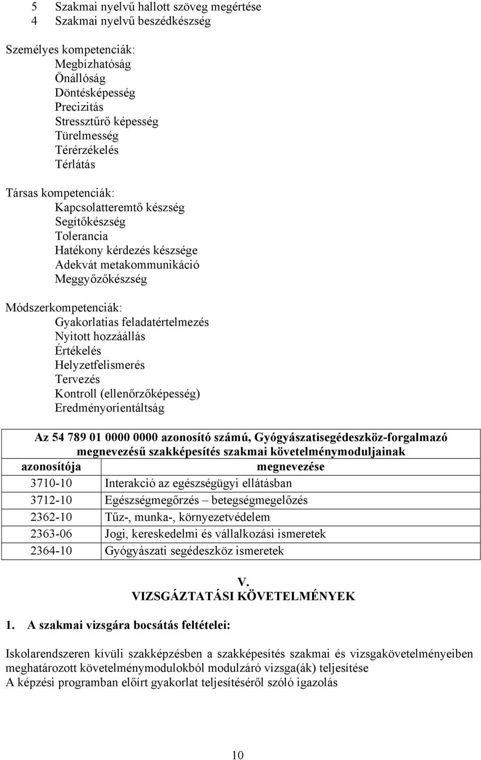 Nyitott hozzáállás Értékelés Helyzetfelismerés Tervezés Kontroll (ellenőrzőképesség) Eredményorientáltság z 54 789 01 0000 0000 azonosító számú, Gyógyászatisegédeszköz-forgalmazó megnevezésű