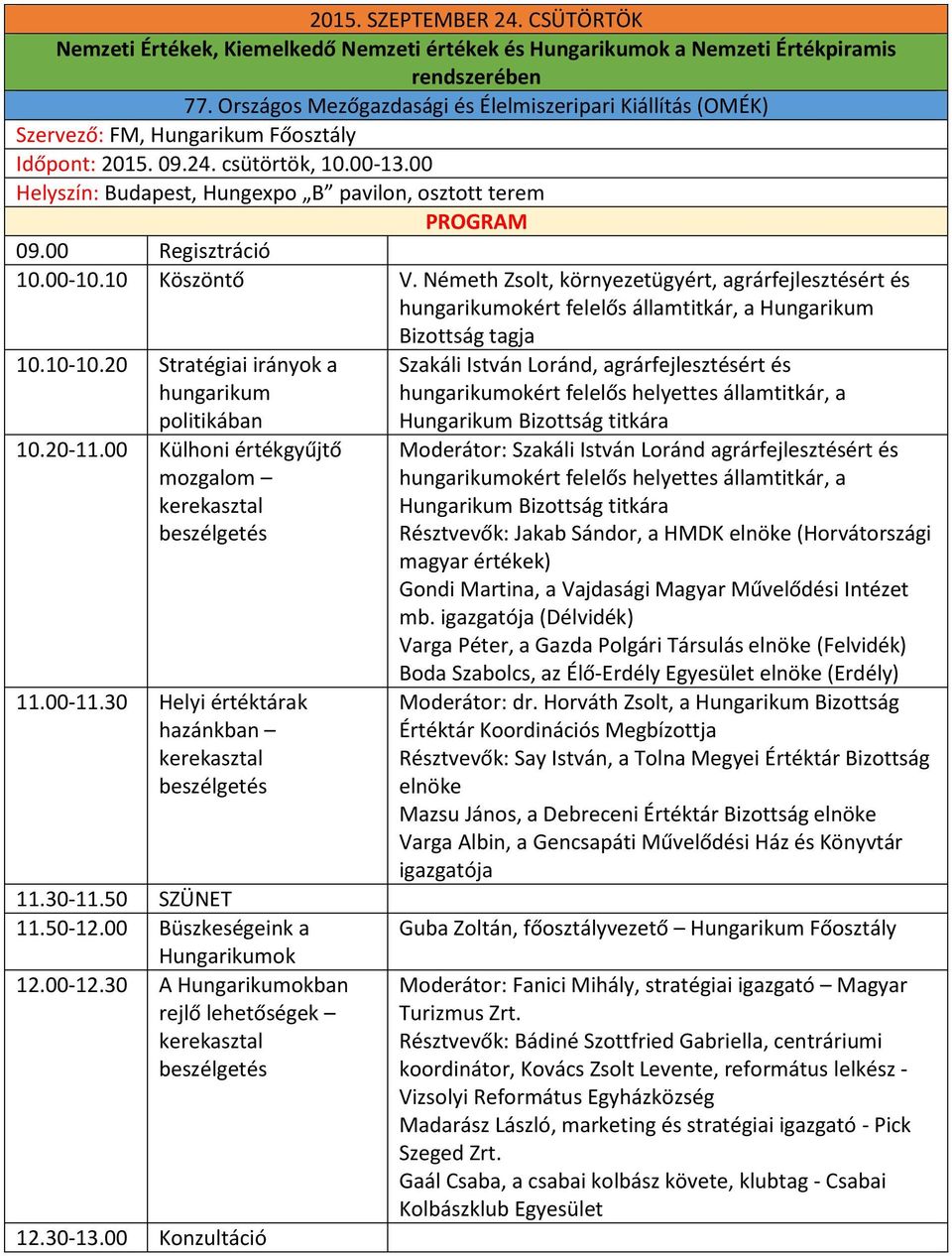 Németh Zsolt, környezetügyért, agrárfejlesztésért és hungarikumokért felelős államtitkár, a Hungarikum Bizottság tagja 10.10-10.20 Stratégiai irányok a hungarikum politikában 10.20-11.