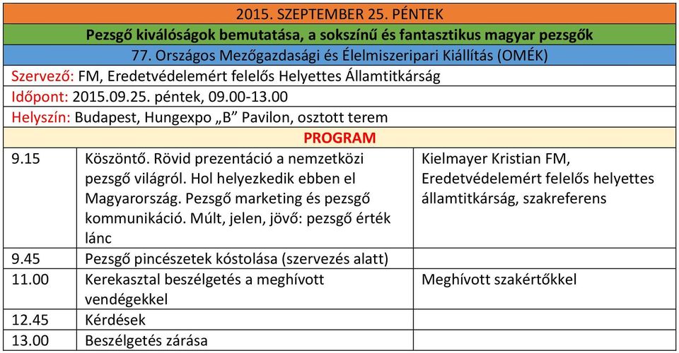 péntek, 09.00-13.00 Helyszín: Budapest, Hungexpo B Pavilon, osztott terem 9.15 Köszöntő. Rövid prezentáció a nemzetközi pezsgő világról.