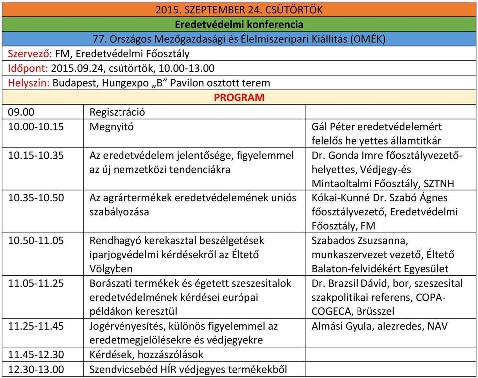 50 Az agrártermékek eredetvédelemének uniós szabályozása 10.50-11.05 Rendhagyó kerekasztal beszélgetések iparjogvédelmi kérdésekről az Éltető Völgyben 11.05-11.