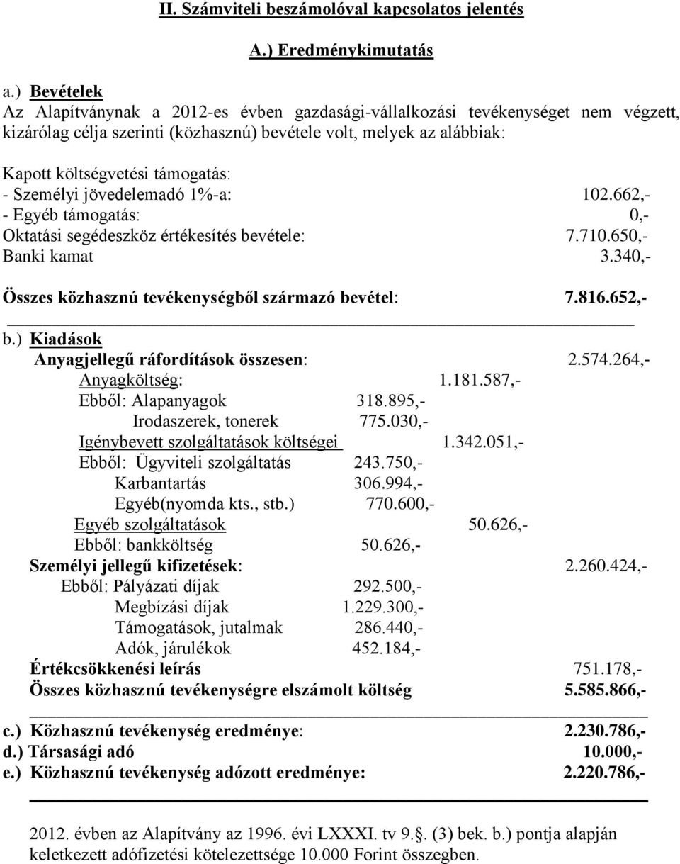 - Személyi jövedelemadó 1%-a: 102.662,- - Egyéb támogatás: 0,- Oktatási segédeszköz értékesítés bevétele: 7.710.650,- Banki kamat 3.340,- Összes közhasznú tevékenységből származó bevétel: 7.816.