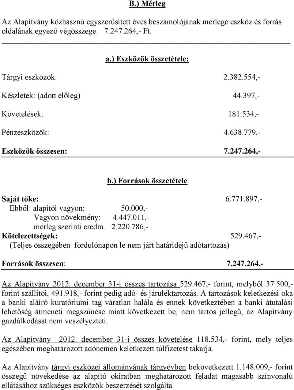 000,- Vagyon növekmény: 4.447.011,- mérleg szerinti eredm. 2.220.786,- Kötelezettségek: 529.467,- (Teljes összegében fordulónapon le nem járt határidejű adótartozás) Források összesen: 7.247.