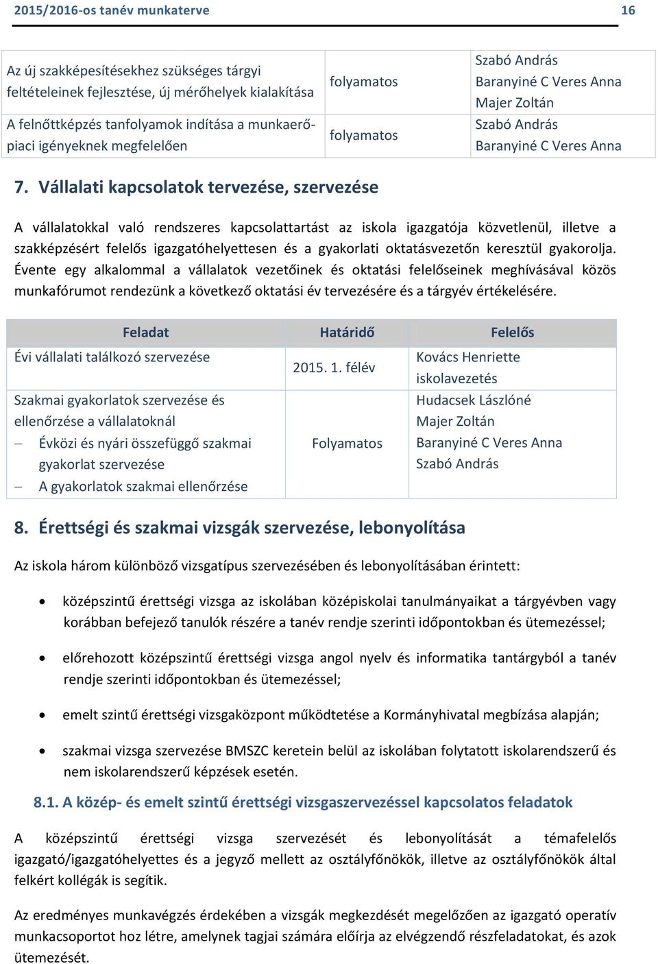 Vállalati kapcsolatok tervezése, szervezése A vállalatokkal való rendszeres kapcsolattartást az iskola igazgatója közvetlenül, illetve a szakképzésért felelős igazgatóhelyettesen és a gyakorlati