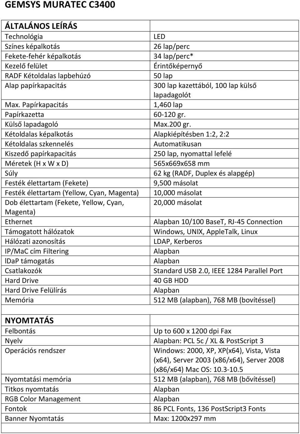 Kétoldalas képalkotás Alapkiépítésben 1:2, 2:2 Kétoldalas szkennelés Automatikusan Kiszedő papírkapacitás 250 lap, nyomattal lefelé Méretek (H x W x D) 565x669x658 mm Súly 62 kg (RADF, Duplex és