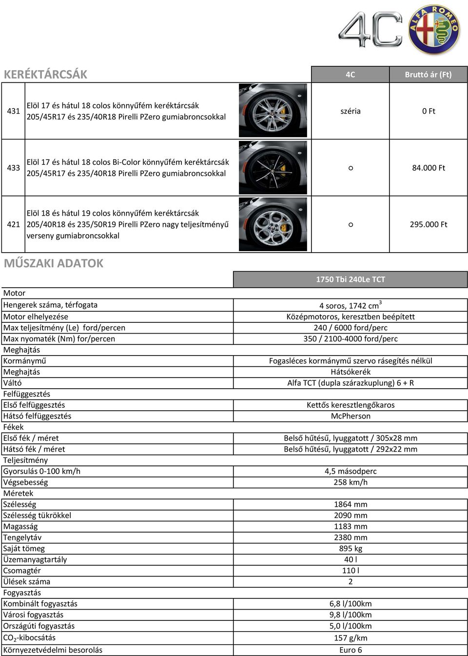 000 Ft 421 Elöl 18 és hátul 19 colos könnyűfém keréktárcsák 205/40R18 és 235/50R19 Pirelli PZero nagy teljesítményű verseny gumiabroncsokkal 295.