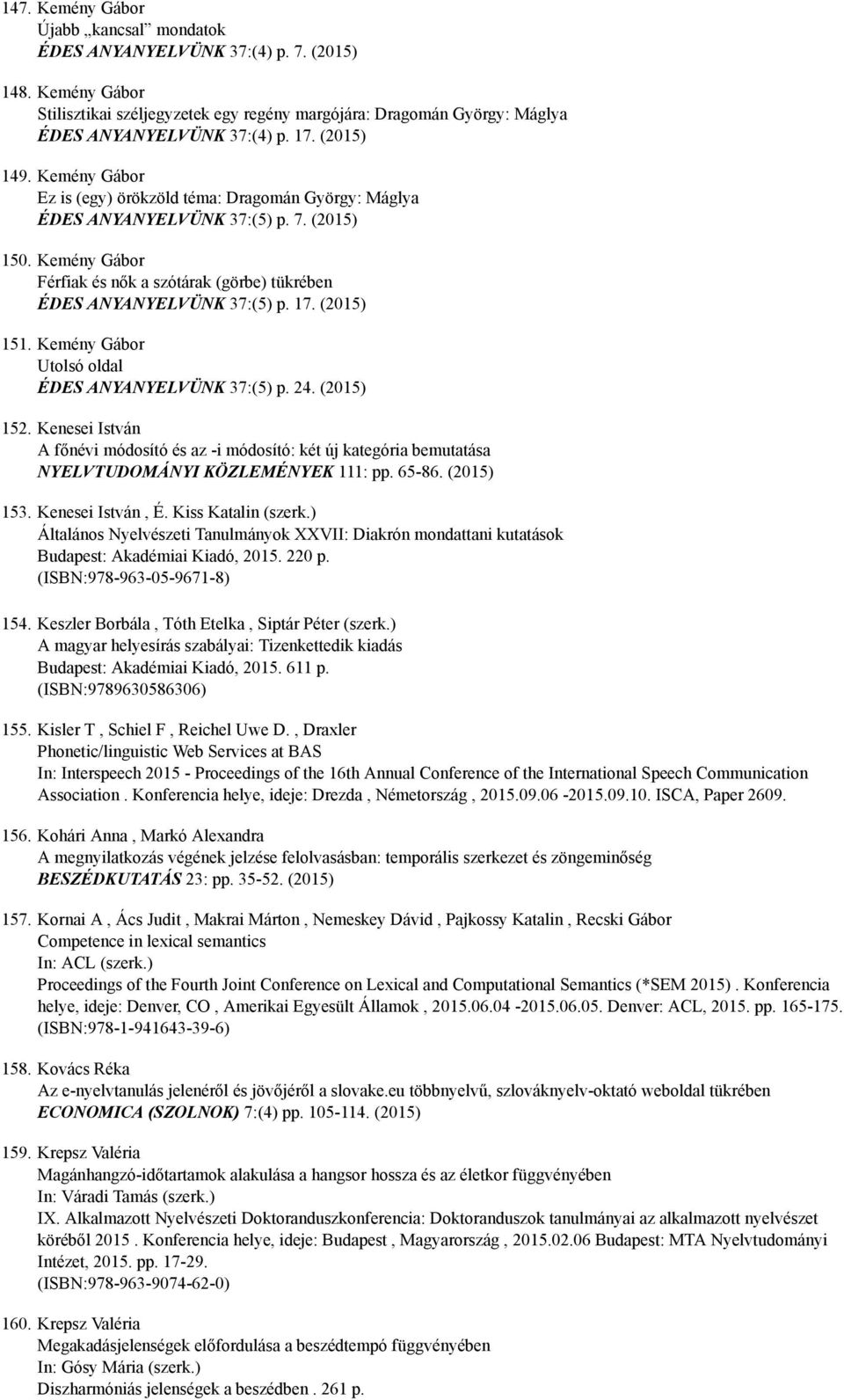 Kemény Gábor Férfiak és nők a szótárak (görbe) tükrében ÉDES ANYANYELVÜNK 37:(5) p. 17. (2015) 151. Kemény Gábor Utolsó oldal ÉDES ANYANYELVÜNK 37:(5) p. 24. (2015) 152.