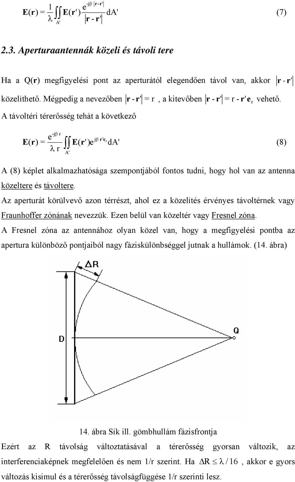 A távoltéri térerősség tehát a következő -j β r re Er ( ) = e j β ' r Er ( ')e da' λ r (8) A' A (8) képlet alkalmazhatósága szempontjából fontos tudni, hogy hol van az antenna közeltere és távoltere.