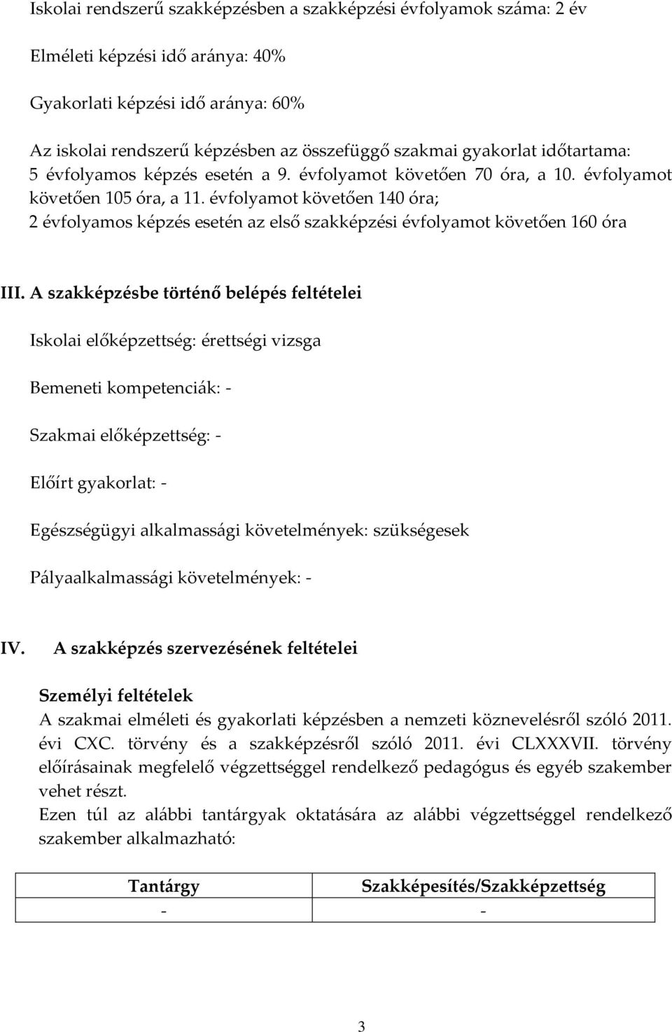 évfolyamot követően 140 óra; 2 évfolyamos képzés esetén az első szakképzési évfolyamot követően 160 óra III.