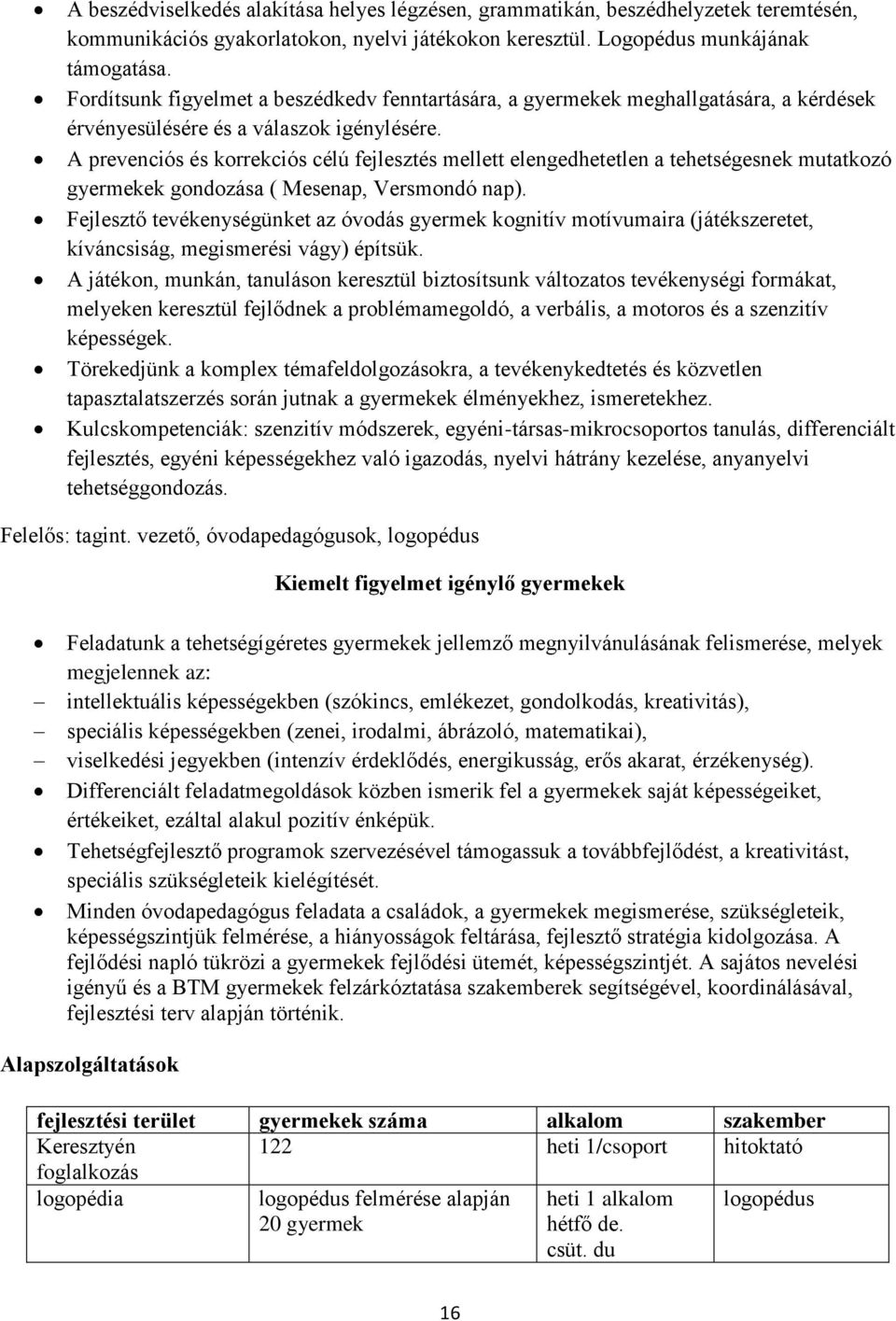 A prevenciós és korrekciós célú fejlesztés mellett elengedhetetlen a tehetségesnek mutatkozó gyermekek gondozása ( Mesenap, Versmondó nap).