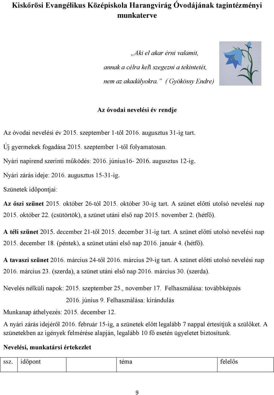 Nyári napirend szerinti működés: 2016. június16-2016. augusztus 12-ig. Nyári zárás ideje: 2016. augusztus 15-31-ig. Szünetek időpontjai: Az őszi szünet 2015. október 26-tól 2015. október 30-ig tart.