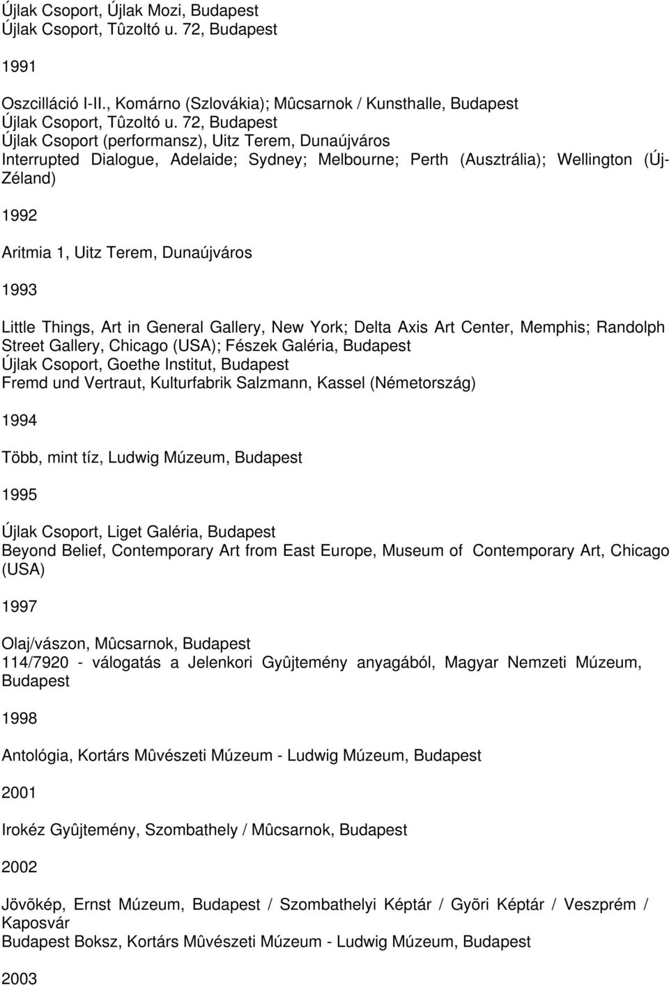 Dunaújváros 1993 Little Things, Art in General Gallery, New York; Delta Axis Art Center, Memphis; Randolph Street Gallery, Chicago (USA); Fészek Galéria, Budapest Újlak Csoport, Goethe Institut,