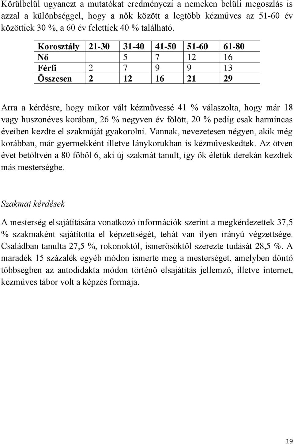 negyven év fölött, 20 % pedig csak harmincas éveiben kezdte el szakmáját gyakorolni. Vannak, nevezetesen négyen, akik még korábban, már gyermekként illetve lánykorukban is kézműveskedtek.