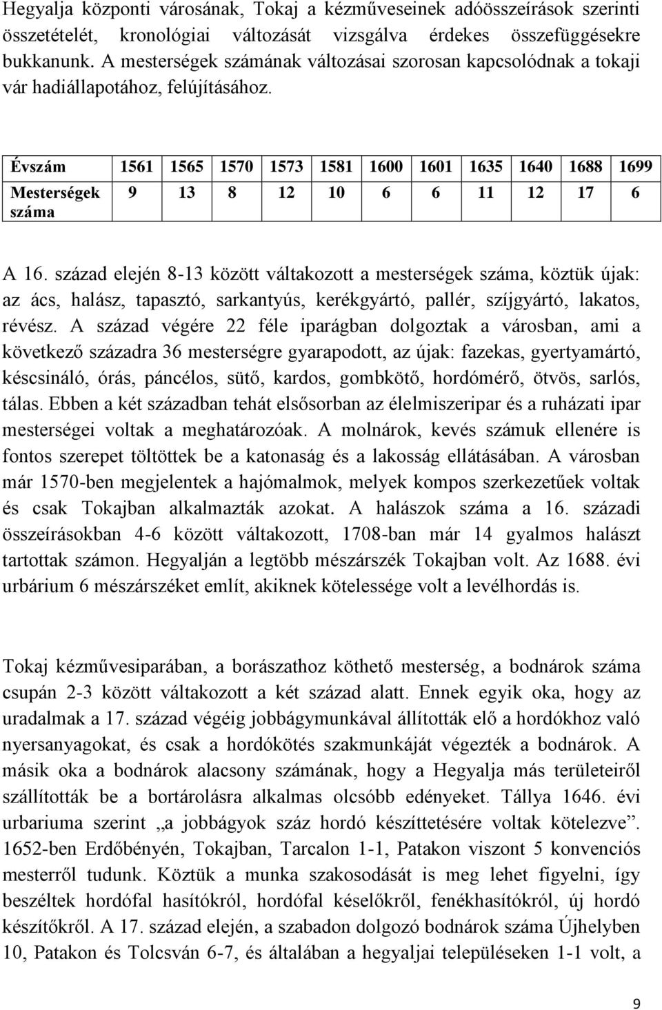 Évszám 1561 1565 1570 1573 1581 1600 1601 1635 1640 1688 1699 Mesterségek száma 9 13 8 12 10 6 6 11 12 17 6 A 16.