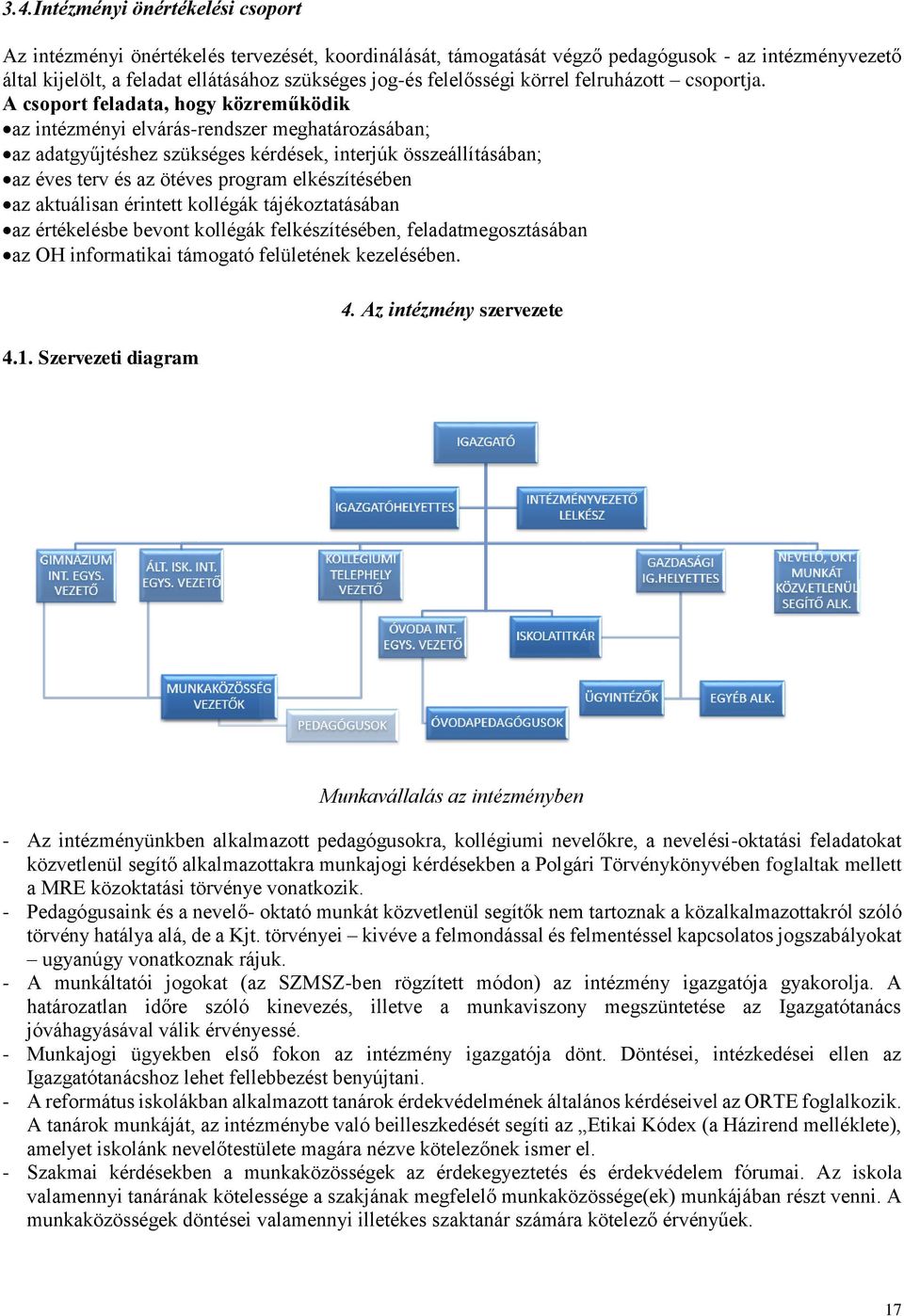 A csoport feladata, hogy közreműködik az intézményi elvárás-rendszer meghatározásában; az adatgyűjtéshez szükséges kérdések, interjúk összeállításában; az éves terv és az ötéves program