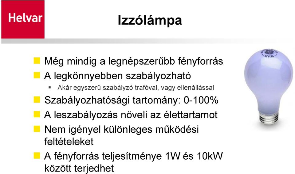 Szabályozhatósági tartomány: 0-100% A leszabályozás növeli az élettartamot