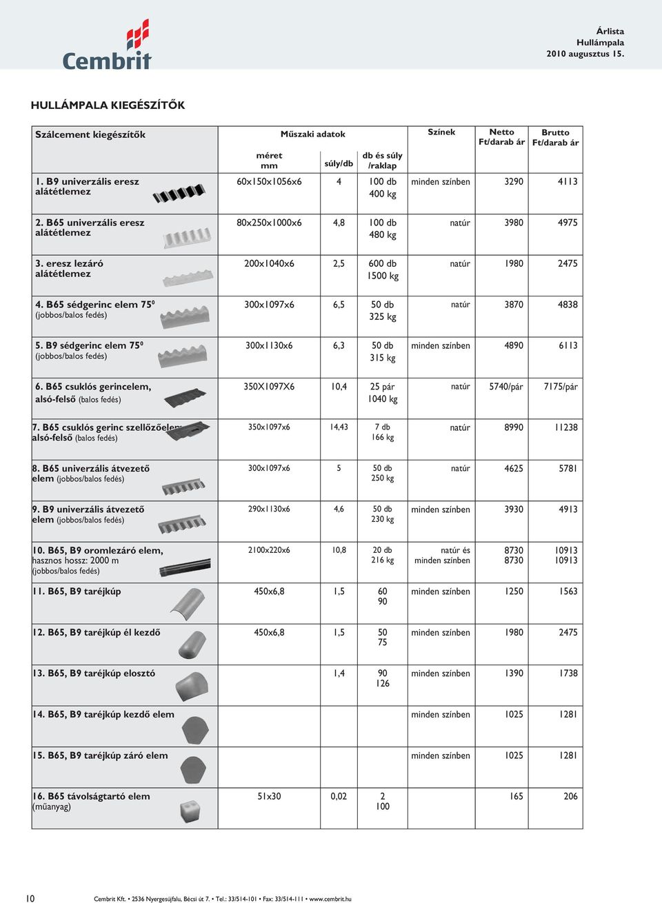 B65 csuklós gerinc szellőzőelem, alsó-felső 8. B65 univerzális átvezető elem 9. B9 univerzális átvezető elem 10. B65, B9 oromlezáró elem, 11.