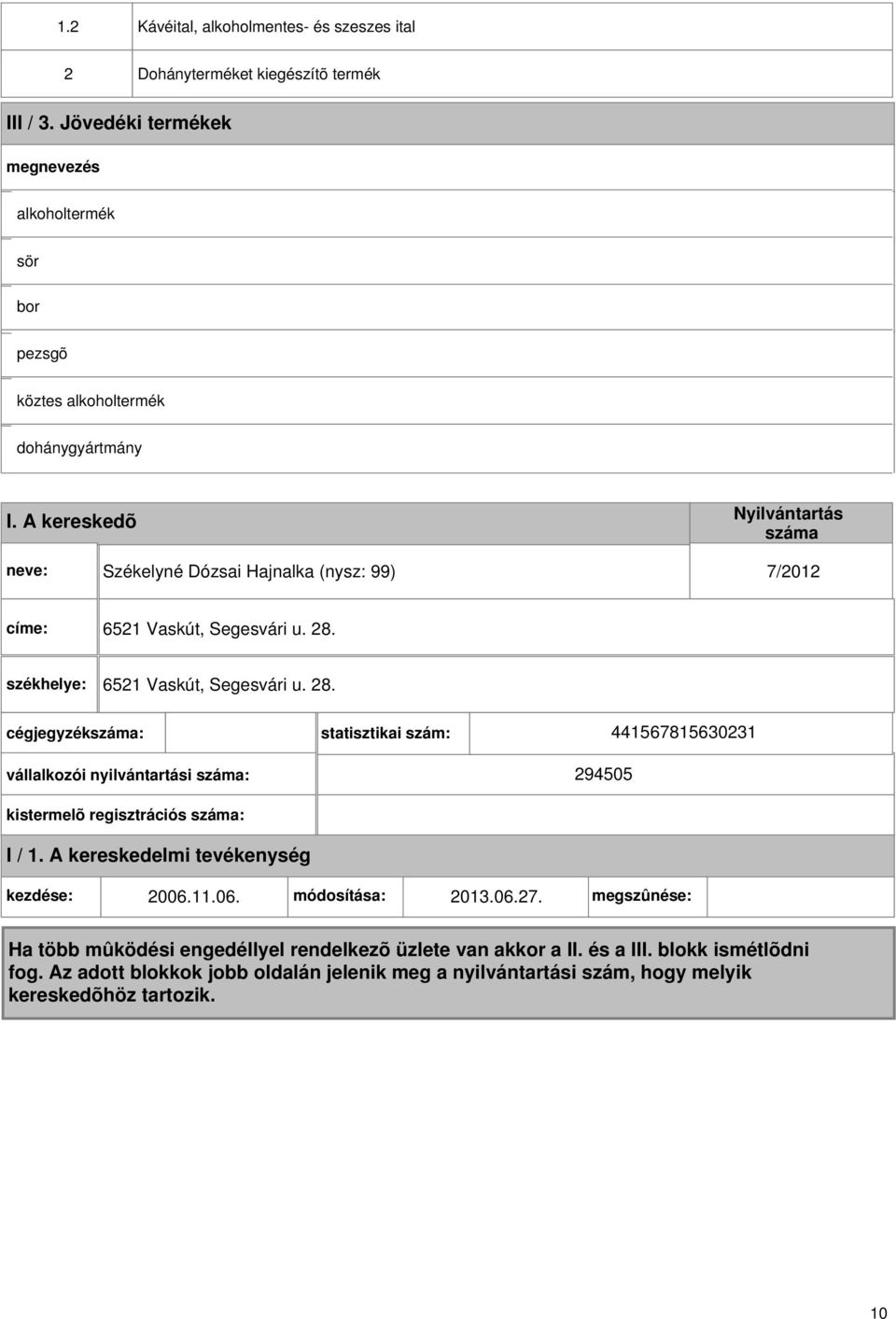 A kereskedõ Székelyné Dózsai Hajnalka (nysz: 99) 7/2012 címe: 6521 Vaskút, Segesvári u. 28.