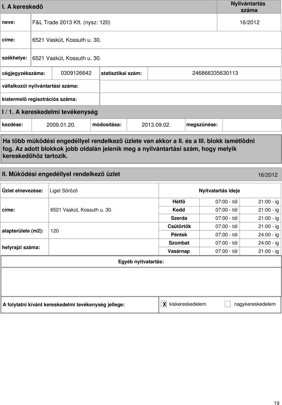 09.02. megszûnése: II. Mûködési engedéllyel rendelkezõ üzlet 16/2012 Liget Sörözõ címe: 6521 Vaskút, Kossuth u. 30.