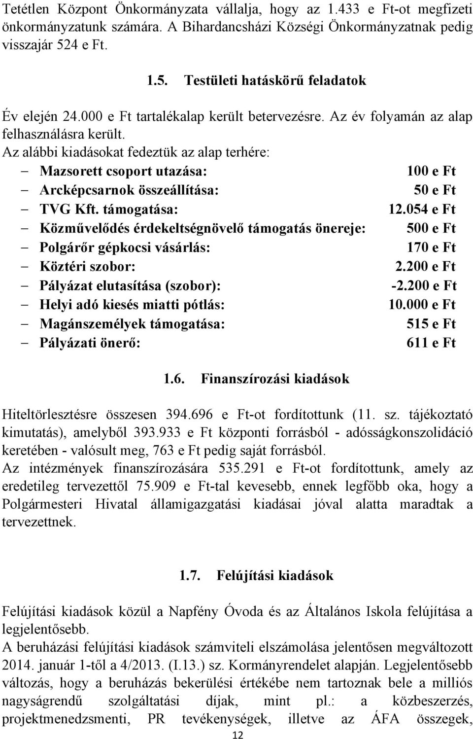 Az alábbi kiadásokat fedeztük az alap terhére: Mazsorett csoport utazása: 100 e Ft Arcképcsarnok összeállítása: 50 e Ft TVG Kft. támogatása: 12.