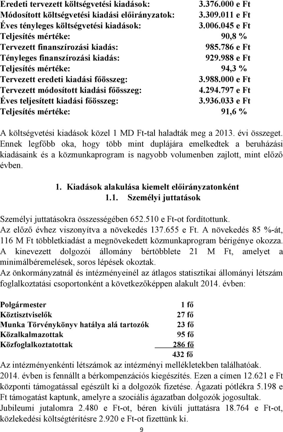 294.797 e Ft Éves teljesített kiadási főösszeg: 3.936.033 e Ft Teljesítés mértéke: 91,6 % A költségvetési kiadások közel 1 MD Ft-tal haladták meg a 2013. évi összeget.