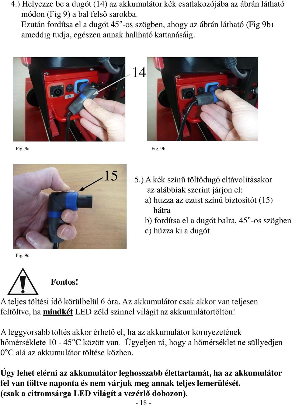 ) A kék színű töltődugó eltávolításakor az alábbiak szerint járjon el: a) húzza az ezüst színű biztosítót (15) hátra b) fordítsa el a dugót balra, 45 -os szögben c) húzza ki a dugót Fig. 9c Fontos!