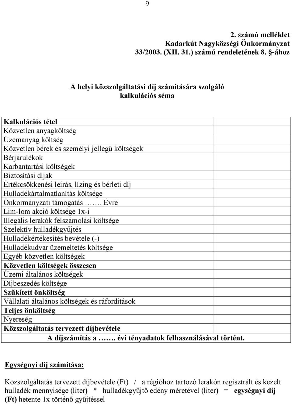 Karbantartási költségek Biztosítási díjak Értékcsökkenési leírás, lízing és bérleti díj Hulladékártalmatlanítás költsége Önkormányzati támogatás.