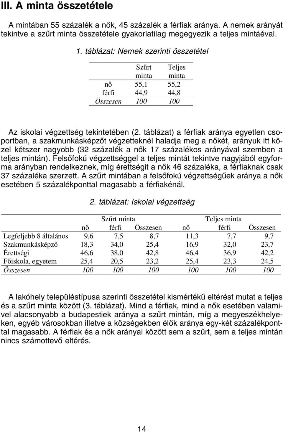 táblázat) a férfiak aránya egyetlen csoportban, a szakmunkásképzõt végzetteknél haladja meg a nõkét, arányuk itt közel kétszer nagyobb (32 százalék a nõk 17 százalékos arányával szemben a teljes