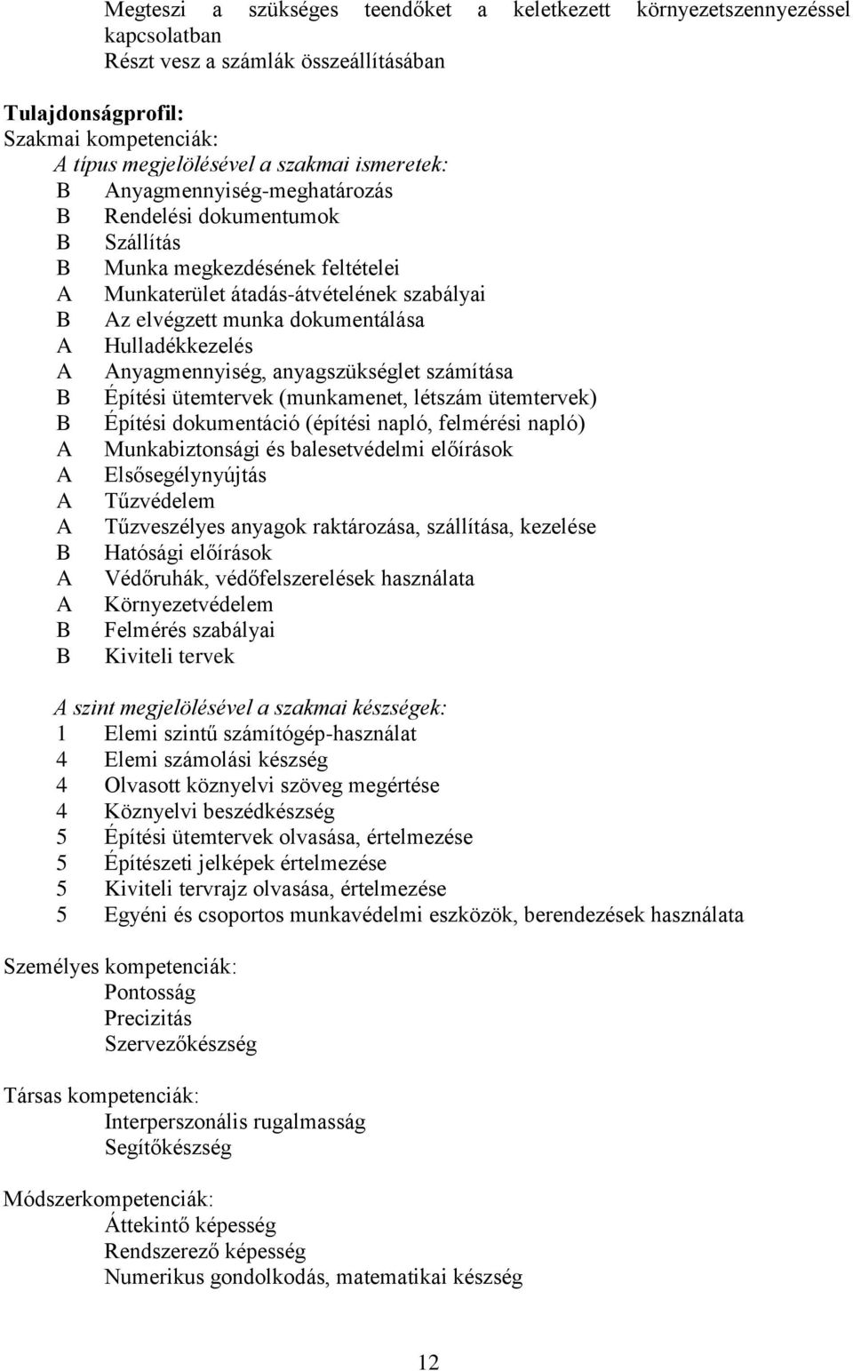 Hulladékkezelés A Anyagmennyiség, anyagszükséglet számítása B Építési ütemtervek (munkamenet, létszám ütemtervek) B Építési dokumentáció (építési napló, felmérési napló) A Munkabiztonsági és