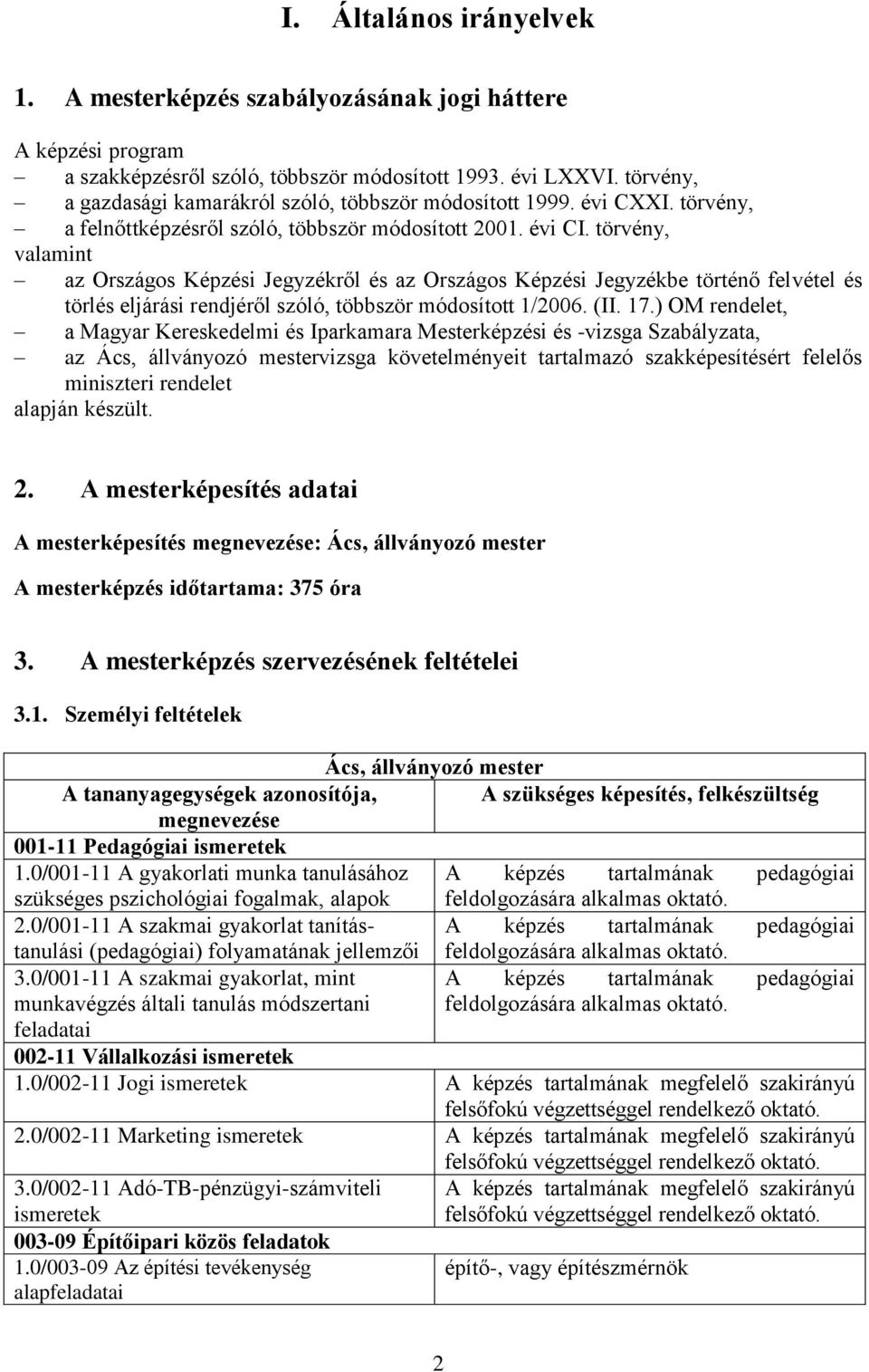 törvény, valamint az Országos Képzési Jegyzékről és az Országos Képzési Jegyzékbe történő felvétel és törlés eljárási rendjéről szóló, többször módosított 1/2006. (II. 17.