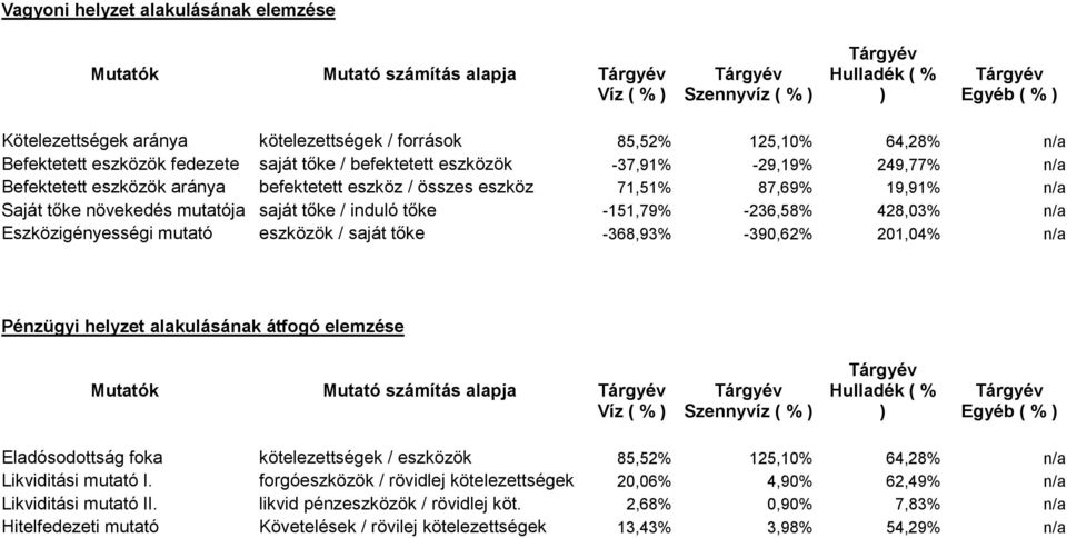 87,69% 19,91% n/a Saját tıke növekedés mutatója saját tıke / induló tıke -151,79% -236,58% 428,03% n/a Eszközigényességi mutató eszközök / saját tıke -368,93% -390,62% 201,04% n/a Pénzügyi helyzet