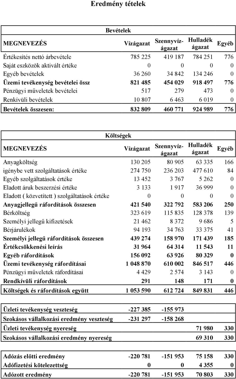 MEGNEVEZÉS Költségek Vízágazat Vízágazat Szennyvízágazat Szennyvízágazat Hulladék ágazat Egyéb Anyagköltség 130 205 80 905 63 335 166 igénybe vett szolgáltatások értéke 274 750 236 203 477 610 84