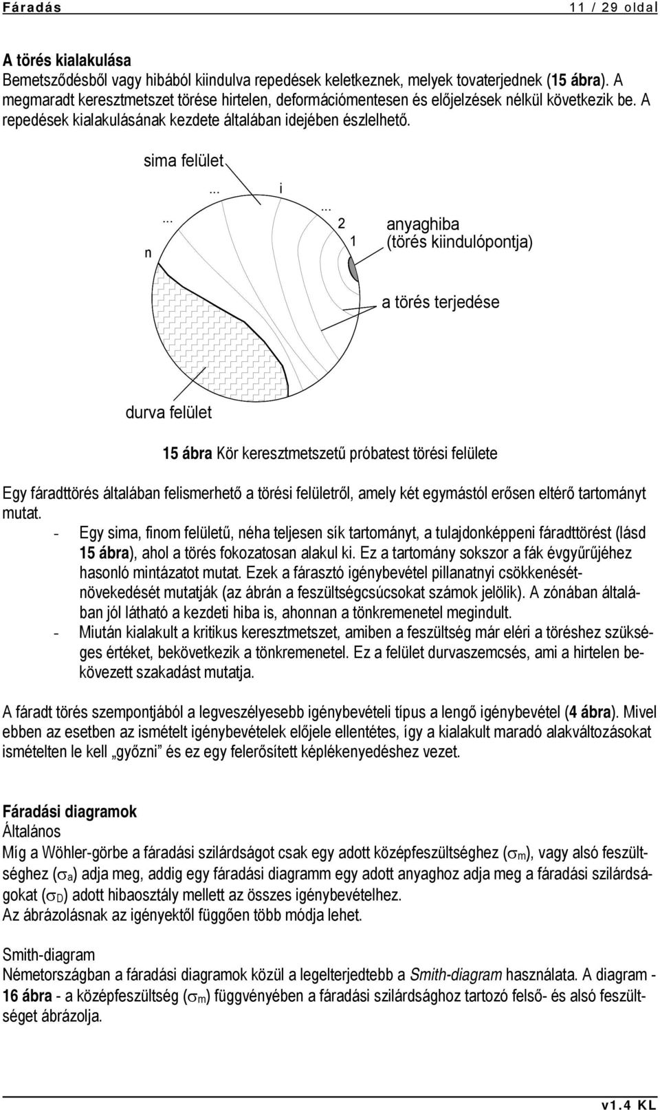 .. 2 1 anyaghiba (törés kiindulópontja) a törés terjedése durva felület 15 ábra Kör keresztmetszetű próbatest törési felülete Egy fáradttörés általában felismerhető a törési felületről, amely két