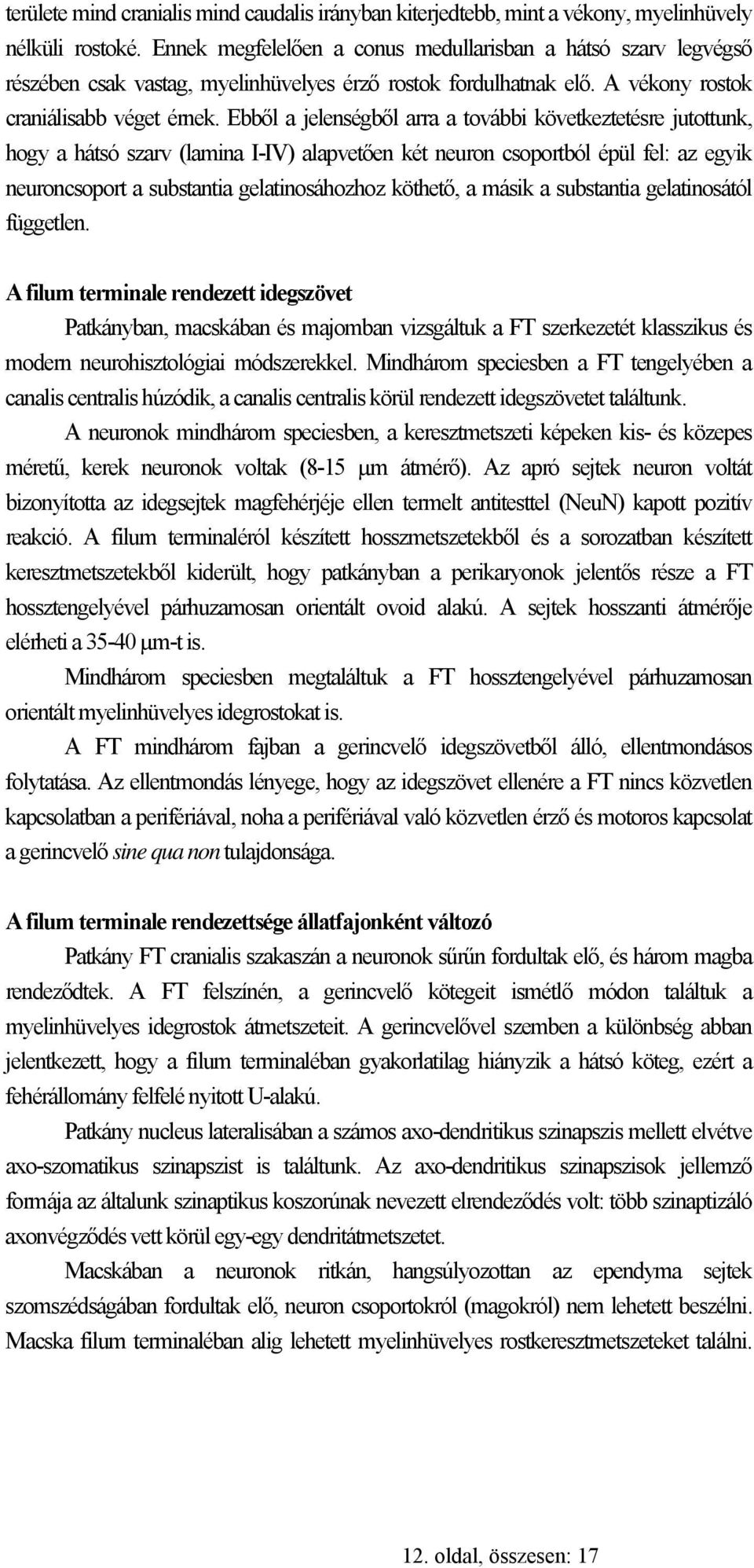 Ebből a jelenségből arra a további következtetésre jutottunk, hogy a hátsó szarv (lamina I-IV) alapvetően két neuron csoportból épül fel: az egyik neuroncsoport a substantia gelatinosáhozhoz köthető,