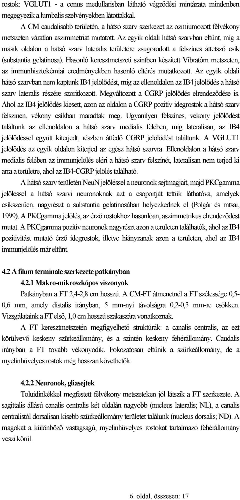 Az egyik oldali hátsó szarvban eltűnt, míg a másik oldalon a hátsó szarv lateralis területére zsugorodott a felszínes áttetsző csík (substantia gelatinosa).