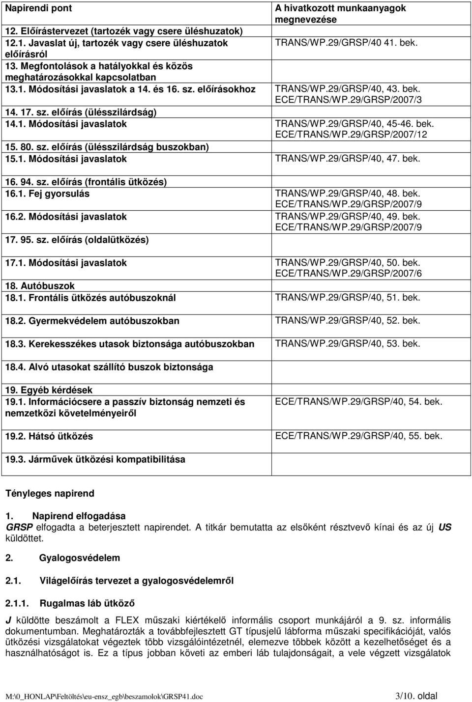 1. Módosítási javaslatok TRANS/WP.29/GRSP/40, 45-46. bek. ECE/TRANS/WP.29/GRSP/2007/12 15. 80. sz. elıírás (ülésszilárdság buszokban) 15.1. Módosítási javaslatok TRANS/WP.29/GRSP/40, 47. bek. 16. 94.