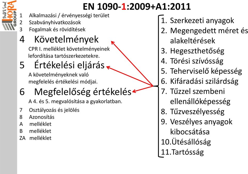 7 Osztályozás és jelölés 8 Azonosítás A melléklet B melléklet ZA melléklet EN 1090-1:2009+A1:2011 1. Szerkezeti anyagok 2. Megengedett méret és alakeltérések 3.