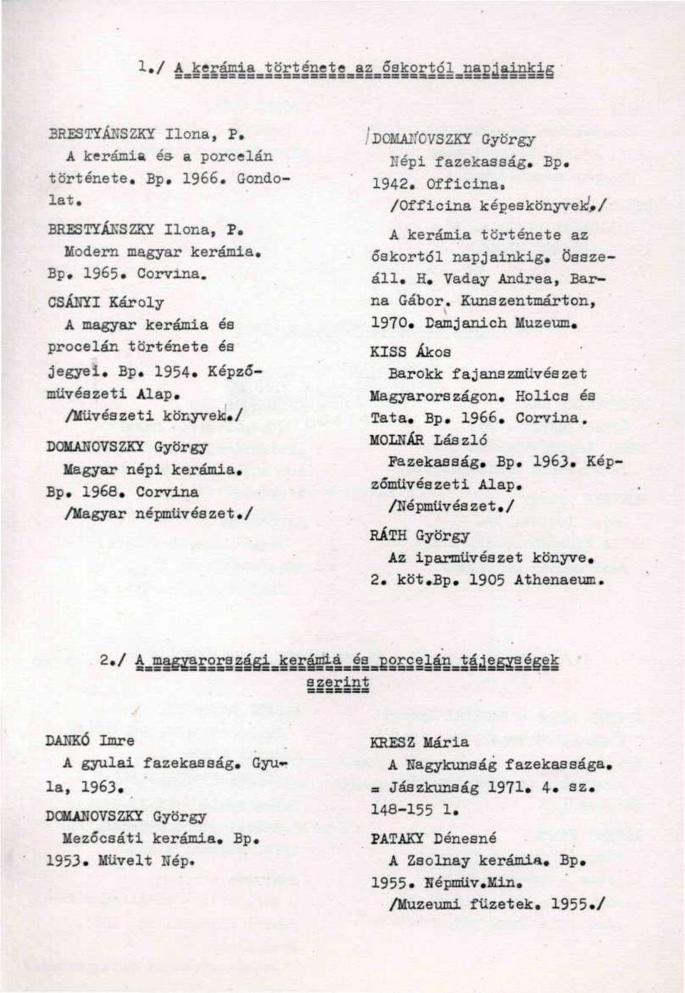 / 'DOMATÍOVSZKY. György Uépi fazekasság. Bp. 1942. Officina, /Officina képeakönyvek 1,/ A kerámia története az őskortól napjainkig. Összeáll. H. Vaday Andrea, Barna Gábor.